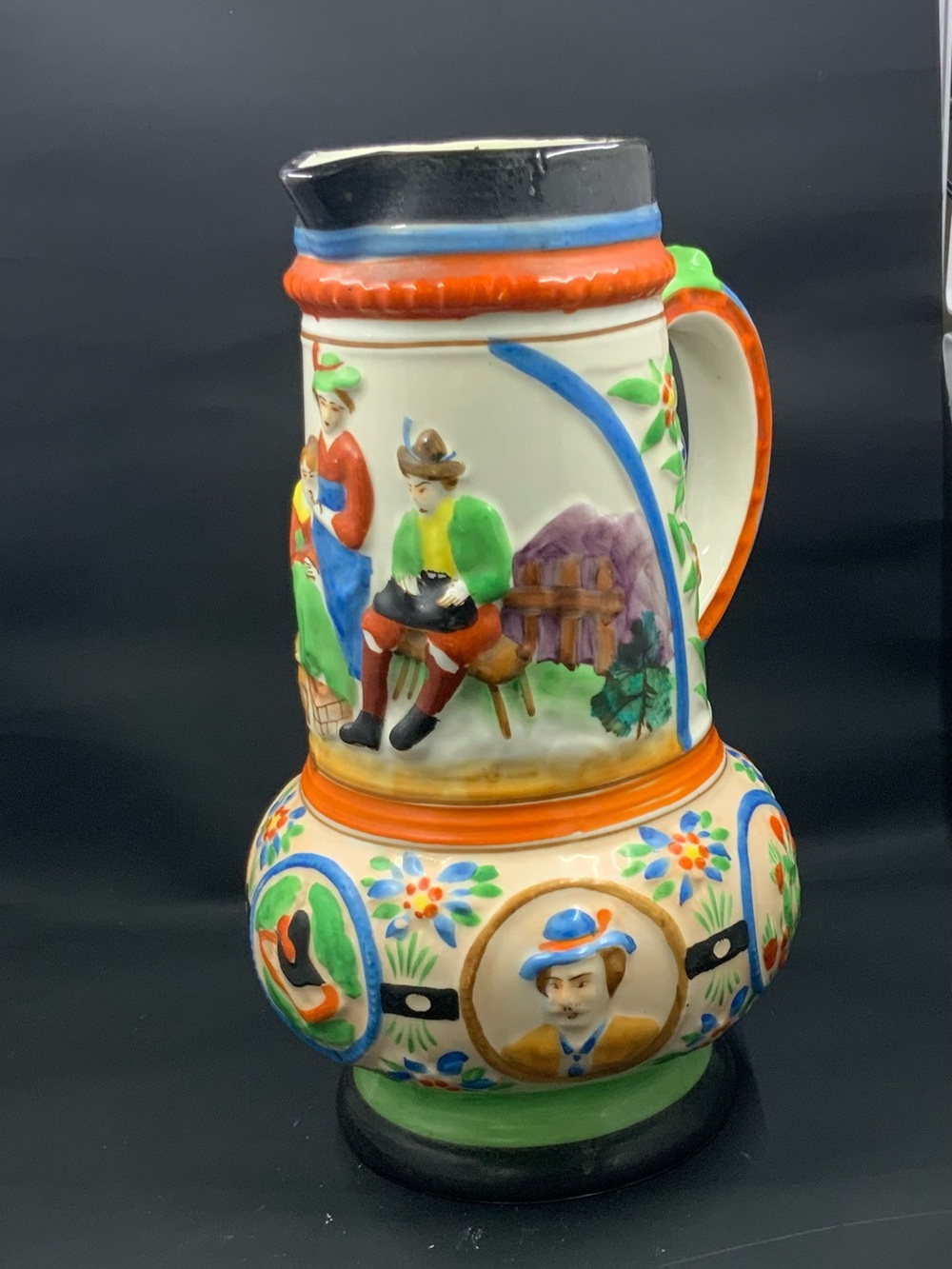 Vintage  Hand-Painted Ceramic Pitcher Vase in Orange and Green